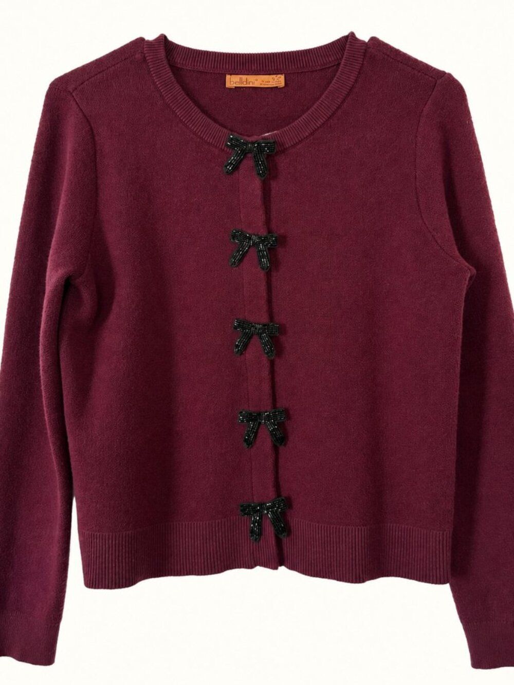 Belldini Burgundy Beaded Bow Embellished Button Front Cardigan Sweater